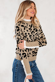 Leopard Print Lace Ribbed Detail Button Cuffed Sweater