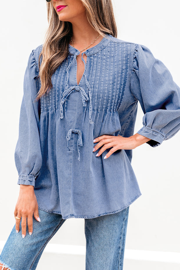 Denim Front Pintuck Bow Tie Puff Sleeve Top