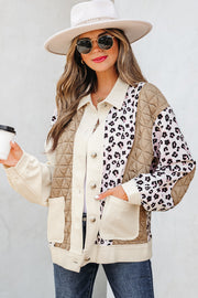 Khaki Leopard Waffle Quilted Patchwork Button Front Jacket