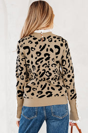 Leopard Print Lace Ribbed Detail Button Cuffed Sweater
