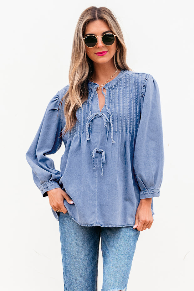 Denim Front Pintuck Bow Tie Puff Sleeve Top