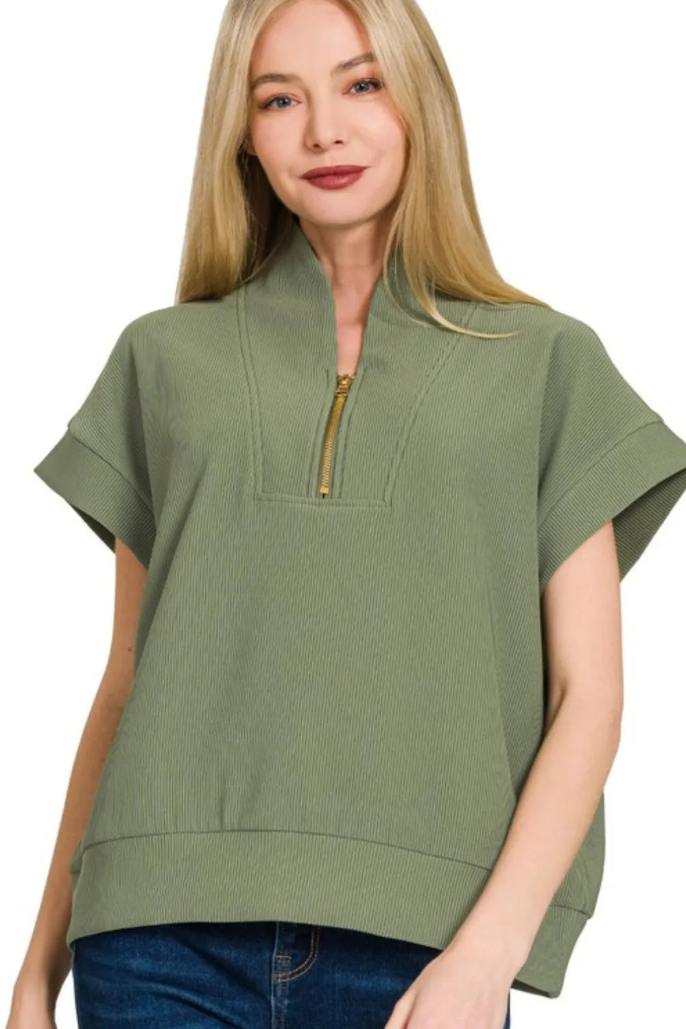 Zenana Ribbed High Neck Half Zip Top – bohopretty.com