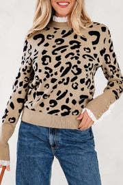 Leopard Print Lace Ribbed Detail Button Cuffed Sweater