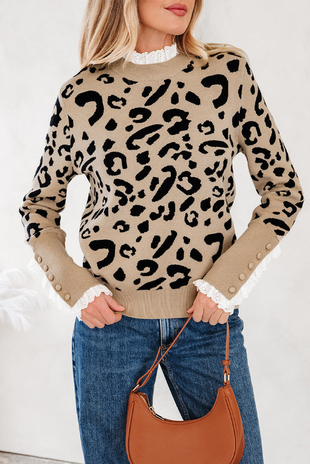 Leopard Print Lace Ribbed Detail Button Cuffed Sweater