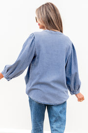 Denim Front Pintuck Bow Tie Puff Sleeve Top