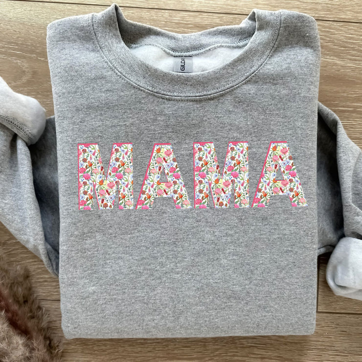 Sweet Floral Mama Graphic Sweatshirt.&nbsp; Perfect for the Girl Mom or just the mom who is girlie!&nbsp; The sweet floral design has a vintage chic and feminine feel.&nbsp; Purchase for yourself or as a gift!&nbsp; Would make a great gift for baby showers, new mom gift, Mother's Day, or just because!