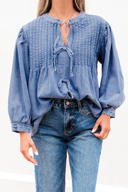 Denim Front Pintuck Bow Tie Puff Sleeve Top