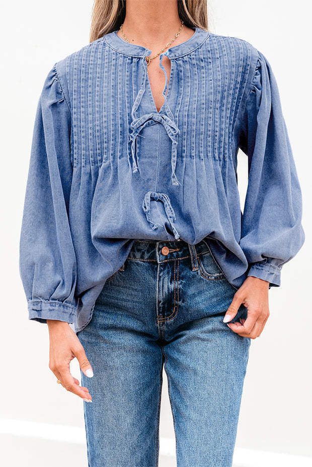 Denim Front Pintuck Bow Tie Puff Sleeve Top