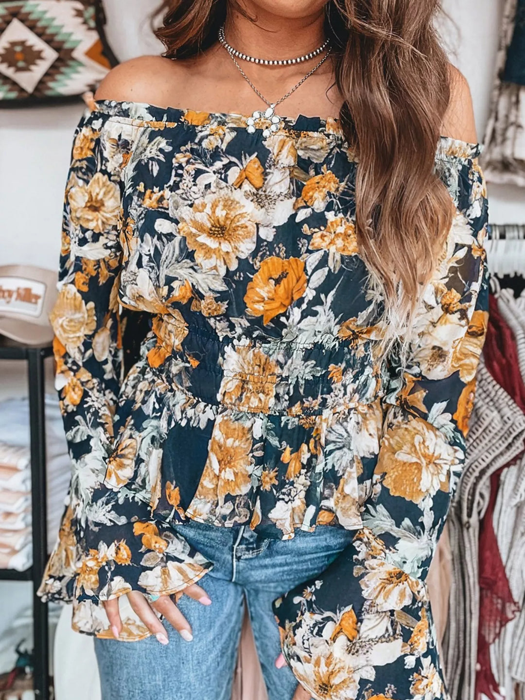 Floral Off Shoulder Bell Sleeve Smocked Peplum Top –