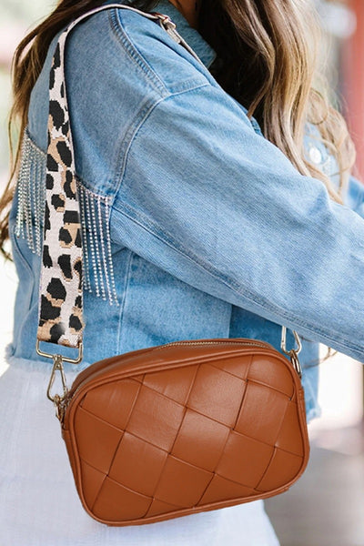 Woven Cross Back with Leopard Print Strap available in Camel or Black