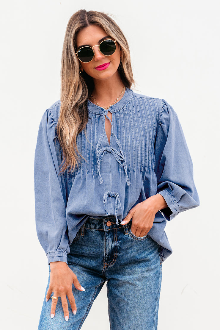 Denim Front Pintuck Bow Tie Puff Sleeve Top