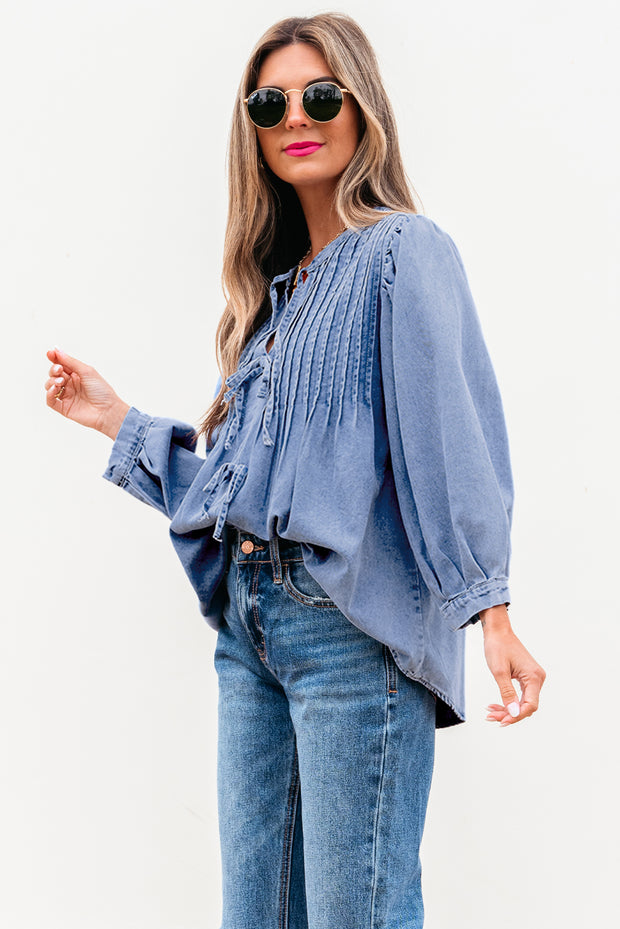 Denim Front Pintuck Bow Tie Puff Sleeve Top
