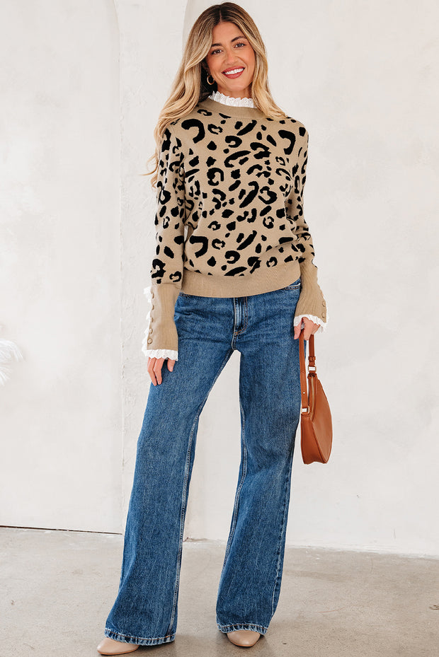 Leopard Print Lace Ribbed Detail Button Cuffed Sweater