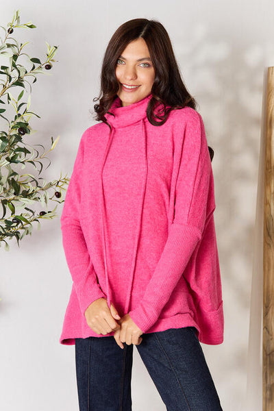 Hot Pink Drawstring Mock Neck Sweater
