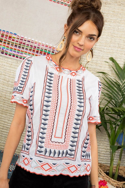 Round Neck Short Sleeve Embroidered Detail Top