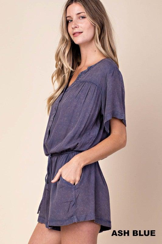 Washed with Yoke Shirring Romper  100% Rayon  Each piece is one-of-a-kind and will vary due to the dyeing process.