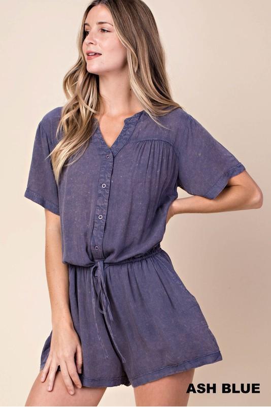 Washed with Yoke Shirring Romper  100% Rayon  Each piece is one-of-a-kind and will vary due to the dyeing process.