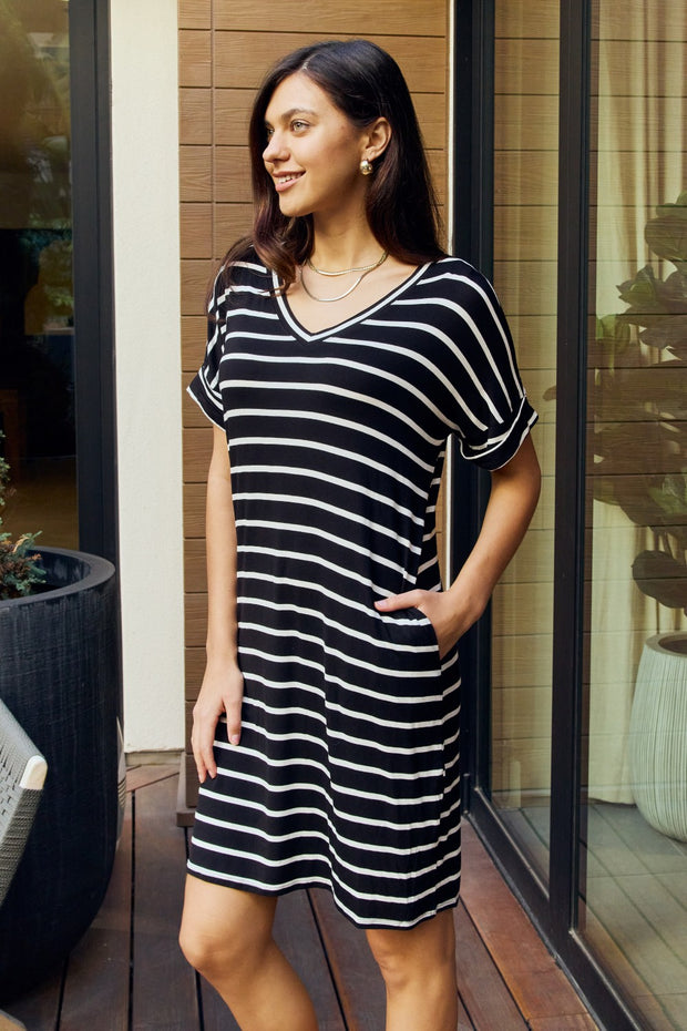 Striped V-Neck Pocket Dress in Black/Ivory