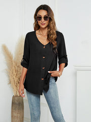 Roll-Tap Long Sleeve V-Neck Buttoned Blouse