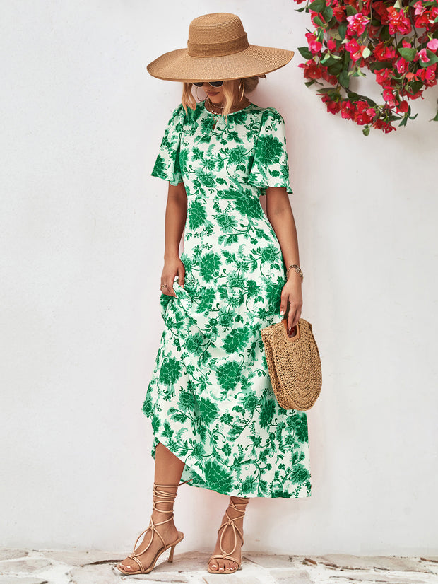 Floral Round Neck Tied Open Back Dress