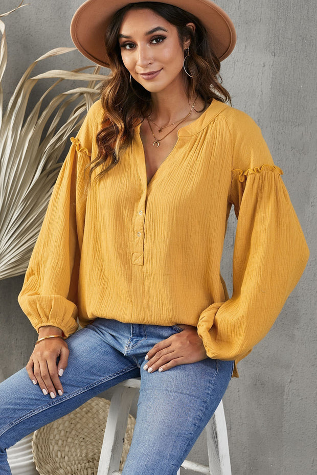 Balloon Sleeve Frill Trim Notched Neck Blouse