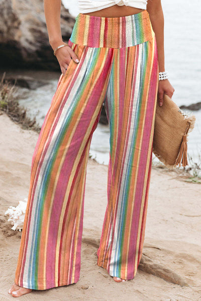 Striped Smocked Waist Wide Leg Pants with Pockets