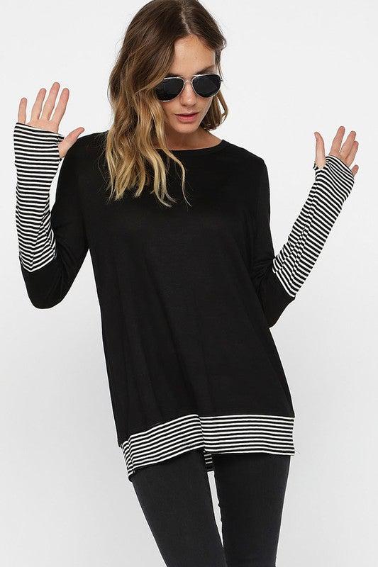 Knit top with pin stripe cuffs