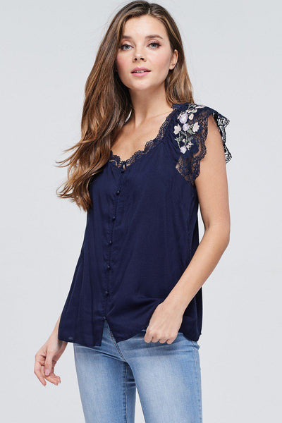 Button Down Solid Top with Lace and Embroidery Contrast   100% Rayon