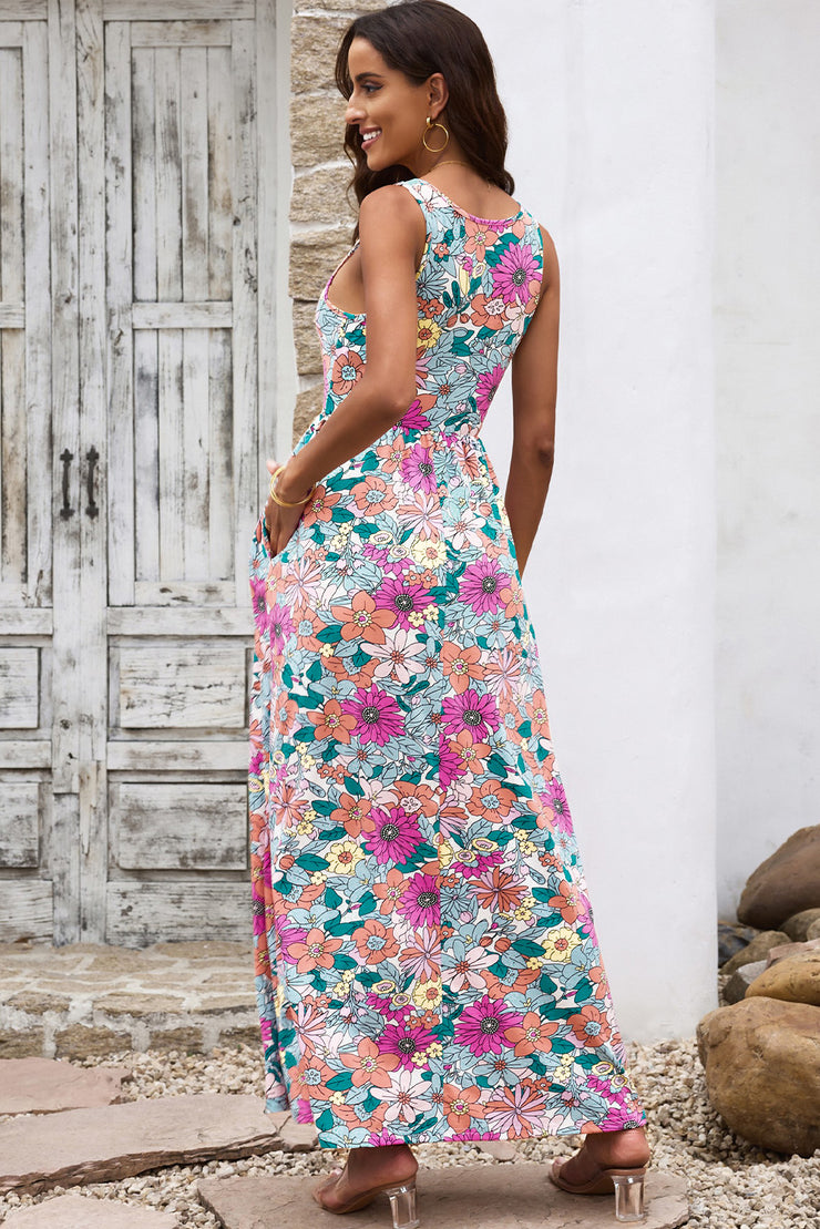 Floral Print Sleeveless Maxi Dress with Pockets