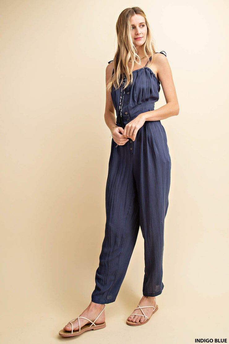Button Down Tube Top Jumpsuit With Tucks and Back Waist Smocking.   80% Rayon 20% Nylon