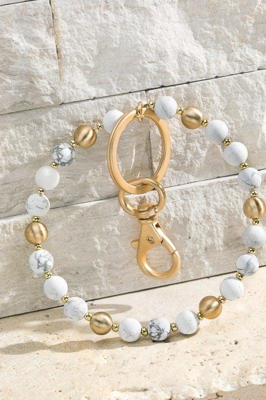 Stone with Beads Key Ring Chain Bracelet, Bangle, Bracelet, Key Chain, White, Howlite