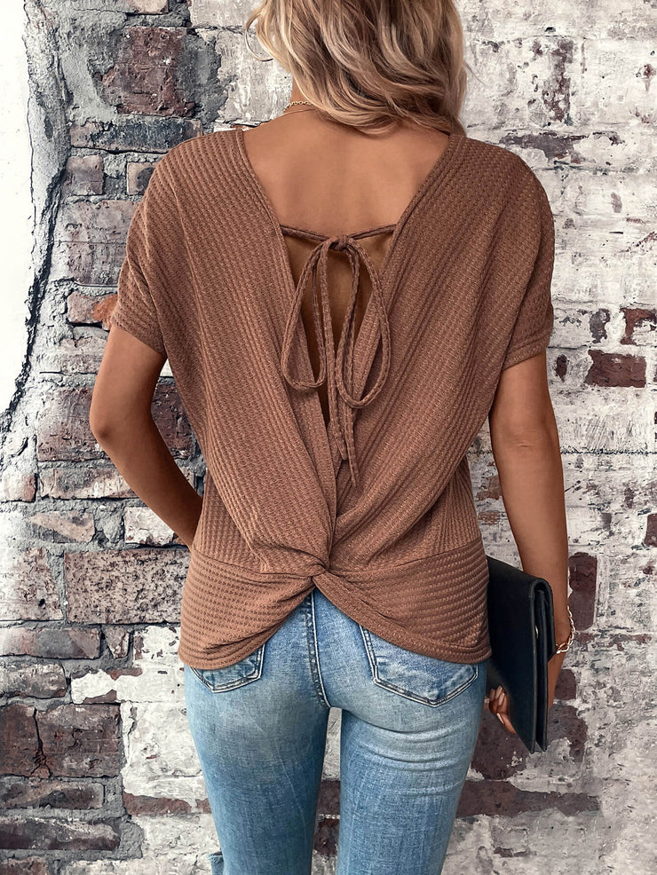 Twisted Back Tie Round Neck T-Shirt