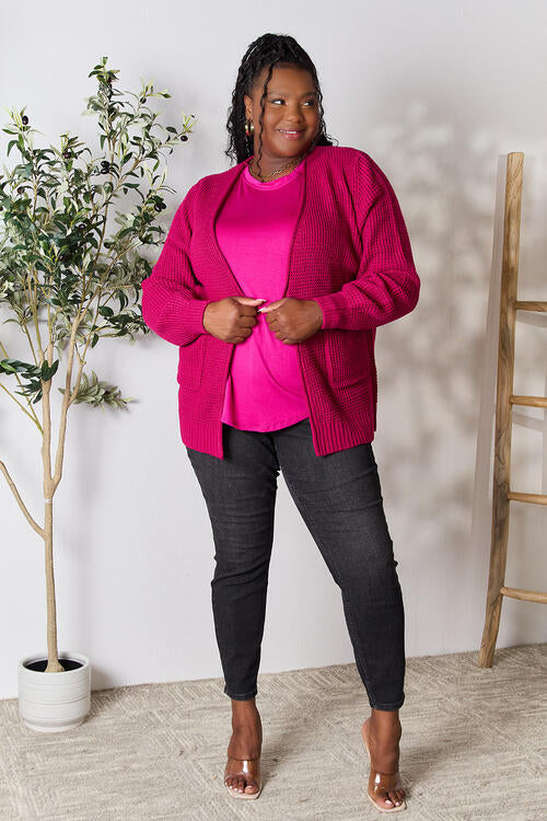 Hot Pink Waffle-Knit Open Front Cardigan