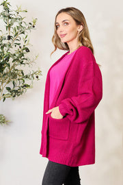 Hot Pink Waffle-Knit Open Front Cardigan
