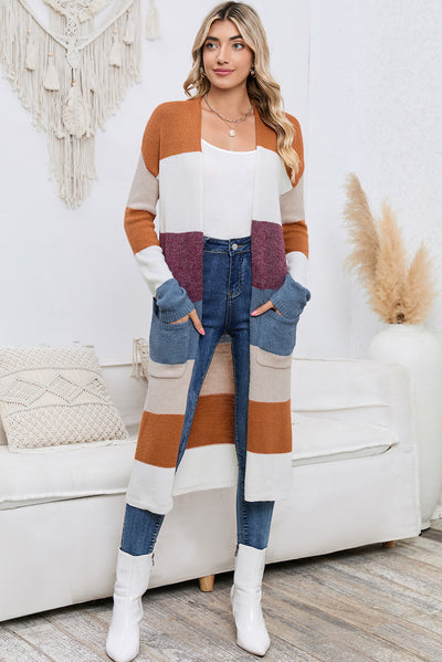 Long Color Block Pocketed Cardigan