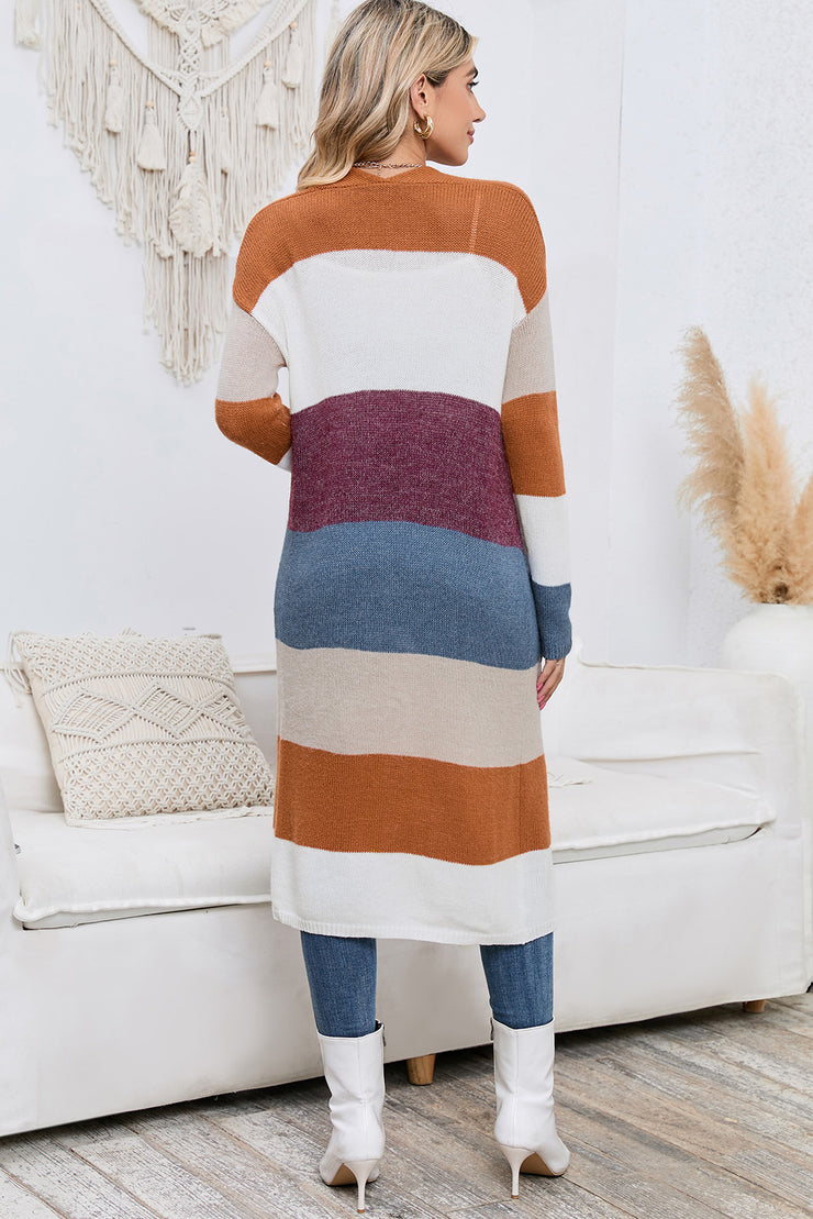 Long Color Block Pocketed Cardigan
