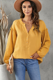 Balloon Sleeve Frill Trim Notched Neck Blouse