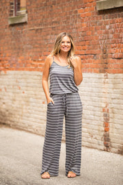 Stripes All The Way Jumpsuit- Charcoal