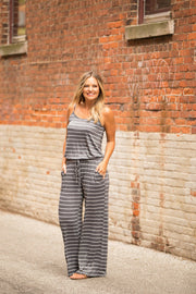 Stripes All The Way Jumpsuit- Charcoal