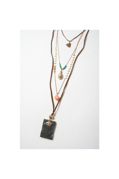 Achieve a Bohemian look with this 4 Layer Stone & Shell Pendant Necklace.  Adjustable Chain Clasp  40% Faux Suede  30% Brass  25% Acrylic Bead  4% Stone 1% Shell Size 18" Round Length Drop Neck Length 18"    Made In India.